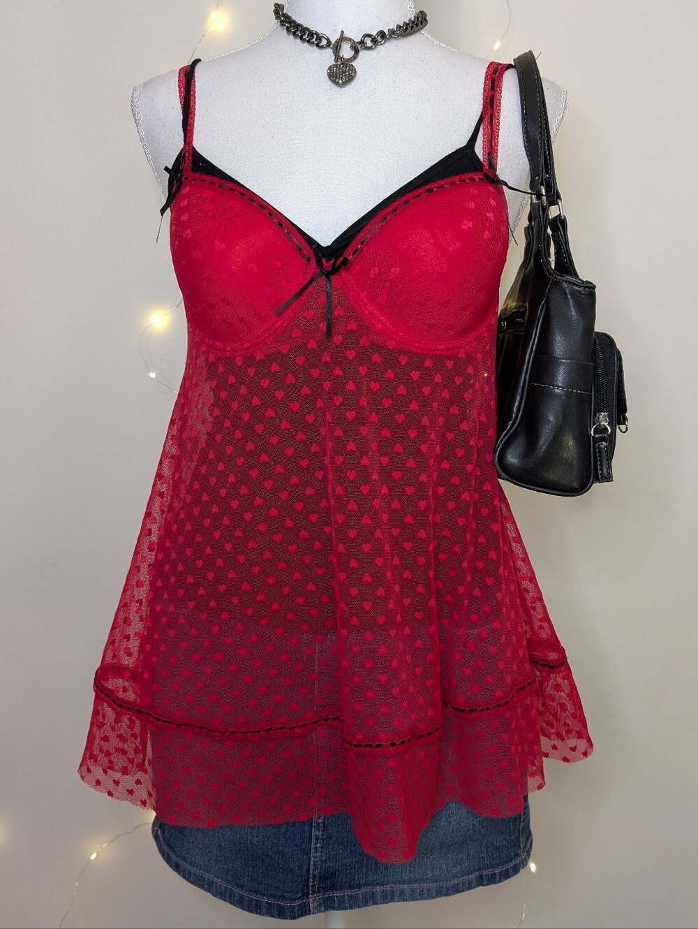 Red Sheer Heart Babydoll Tank Top